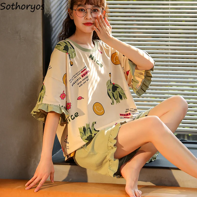 

Женские пижамные комплекты с принтом кавайная Милая Пижама с оборками уютная Подростковая эластичная талия шорты футболки с коротким рука...