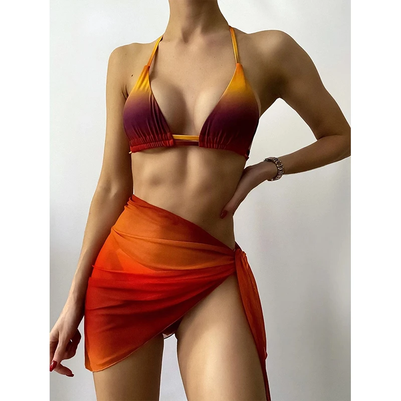 

Summer new sexy pink printed swimsuit 3-piece mesh bikini briefs micro string halter bikini set