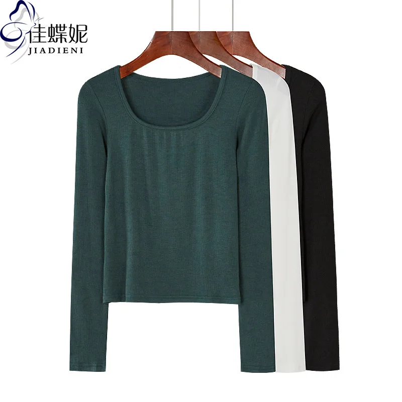 

Autumn New Korean Style U Collar Slim Short High Waist Pure Cotton Solid Color Long-T-Shirt Top Inner Bottoming Shirt Women
