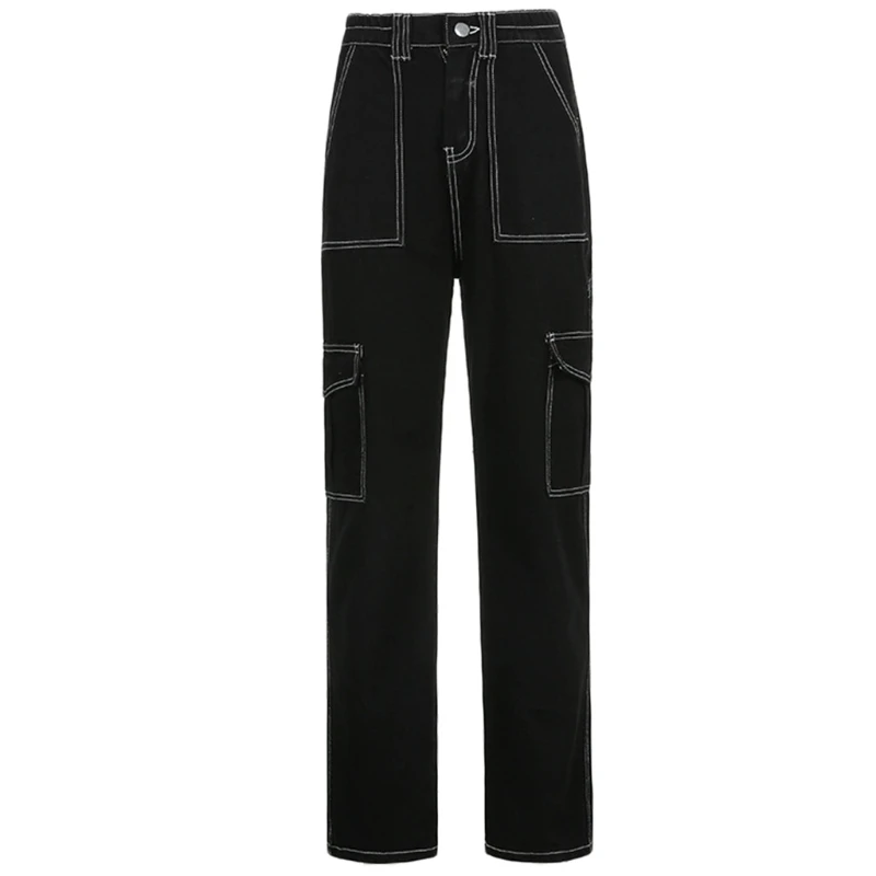 

Womens High Waist Wide Leg Baggy Jeans Side Pocket Straight Leg Denim Cargo Pants Relaxed Fit Contrast Stitched Stripe M7DD