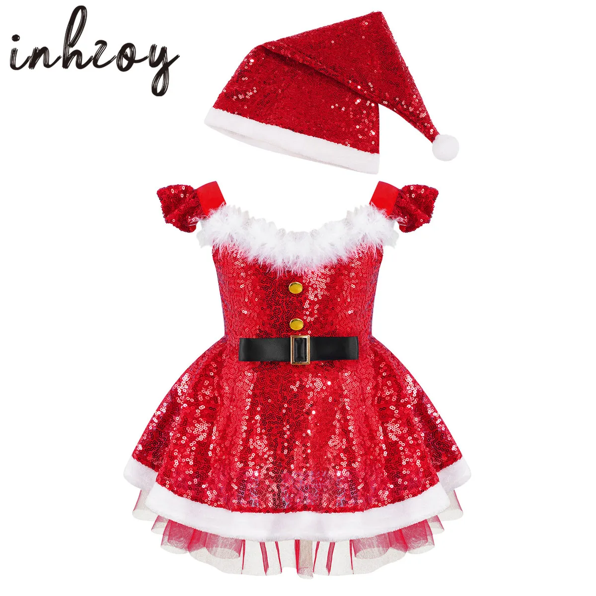 

Toddler Girls Christmas Elf Santa Claus Costume Children Red Sequin Mesh Cosplay Party Fancy Dress Up Tutu Dress Costume