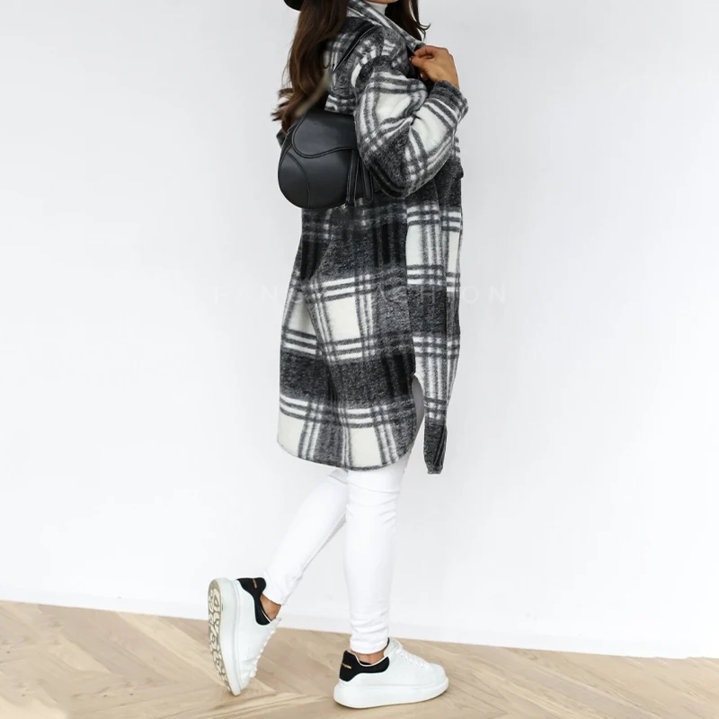 

Thick Plaid Printed Women Long Shirt Coat Long Sleeve Single Breasted Pocket Female Coats Autumn Streetwear Casual Lady Clothes