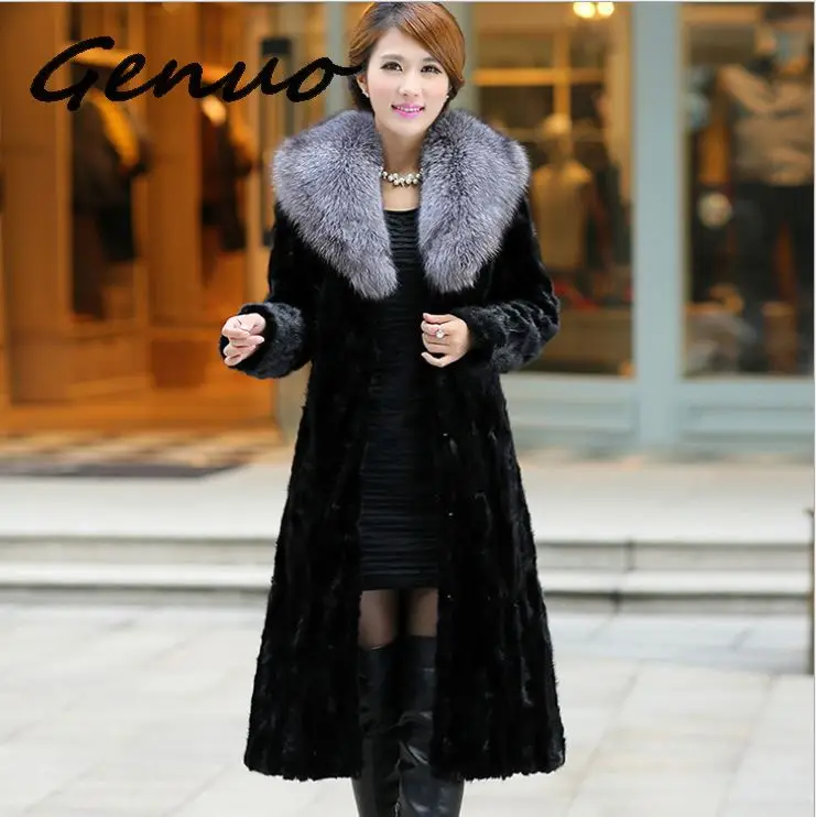 Genuo Новое модное пальто из искусственного меха осеннее и зимнее длинное пальто из меха норки большой меховой воротник из лисы европейского размера плюс для женщин