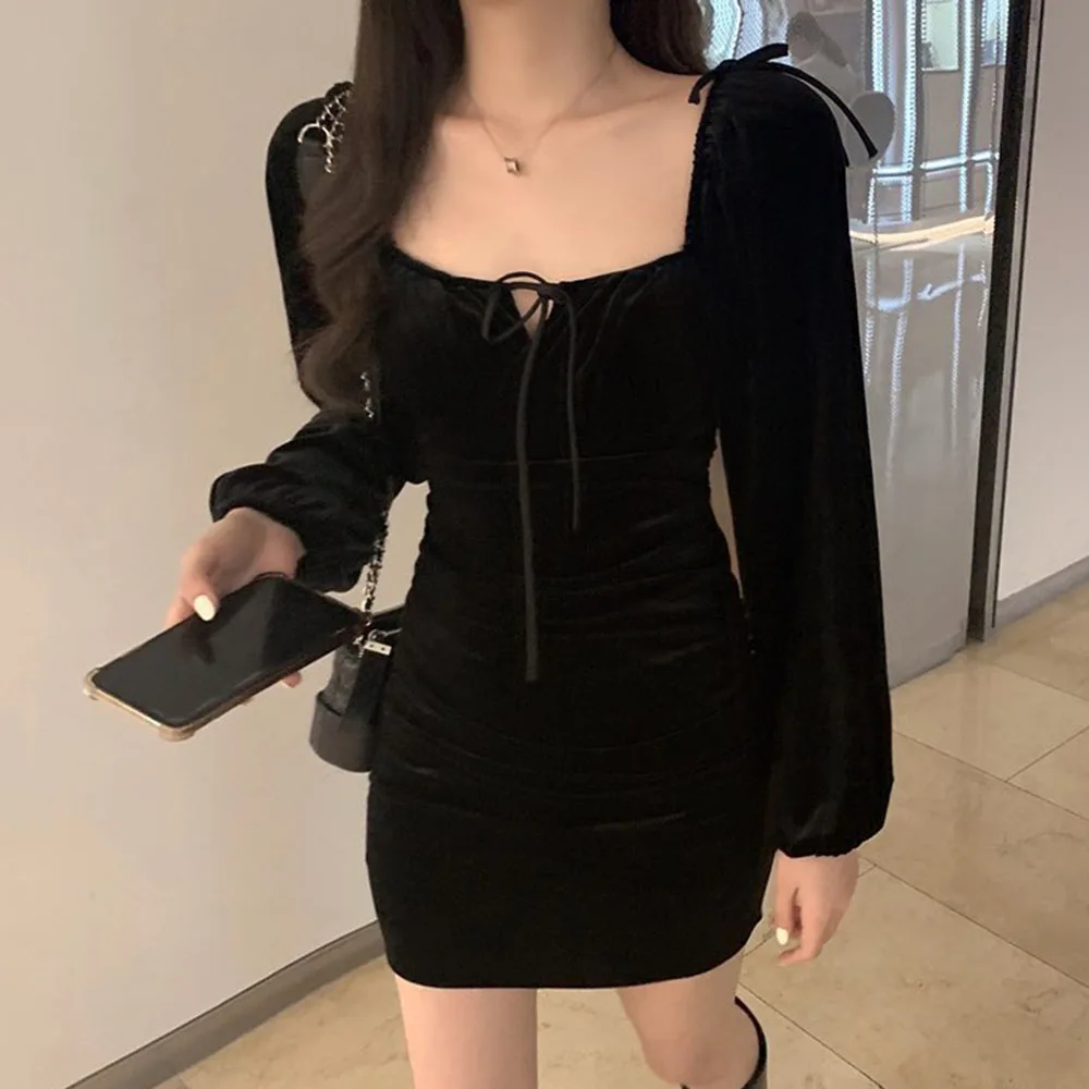 Gothic Vintage Velvet Short Dresses Sexy Lace Up Dress Mini Night Club Fashion Black Long Sleeve Spring 2020 Summer Платье | Женская