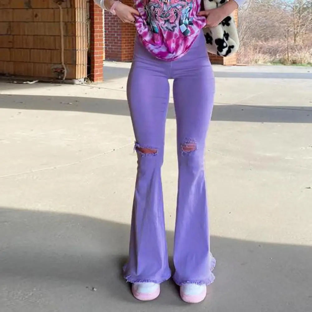 

2021 Female Flared Candy Colors Jeans Solid Color High Waist Hollow Out Trousers Pants for Spring Fall, Pink/Purple, S-XL