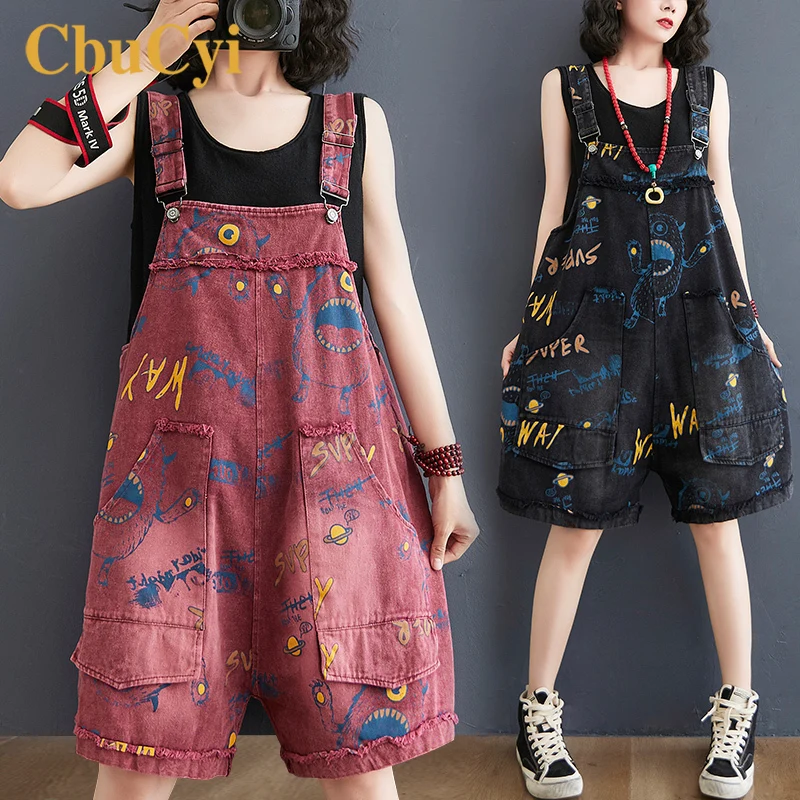 

Summer Women Denim Playsuits Black Loose Wide Leg Vintage Playsuits Ladies Rompers Big Pocket Print Overalls for Women Jumpsuits