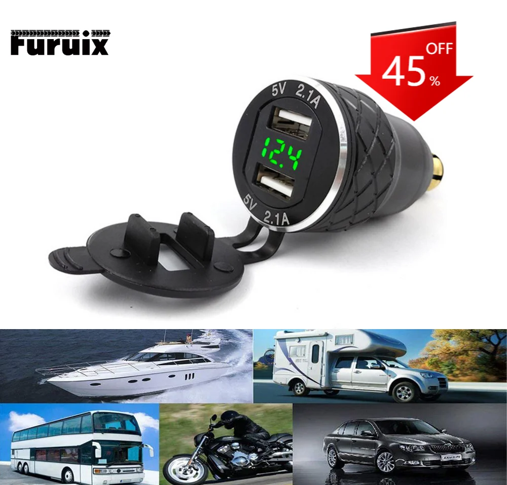 

Car and Motorcycle Dual USB Charger Socket Waterproof Aluminum Alloy Shell Smart Fast Charging Power Socket with Voltmeter