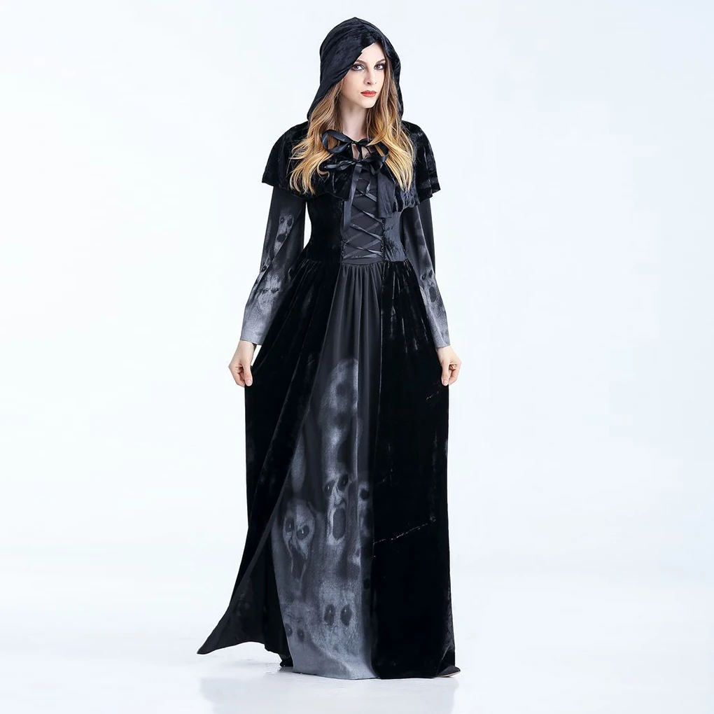 

Длинное платье с капюшоном для взрослых, череп, скелет, ведьмы, костюмы для косплея на Хэллоуин