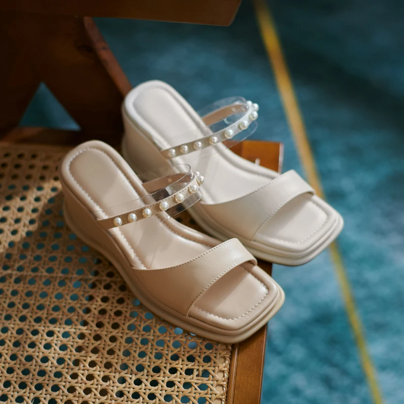 

Pearl Decoration Female Women Slipper Genuine Leather Elegant Wedged Platform Shoes Woman Summer Party Prom Women Sandal