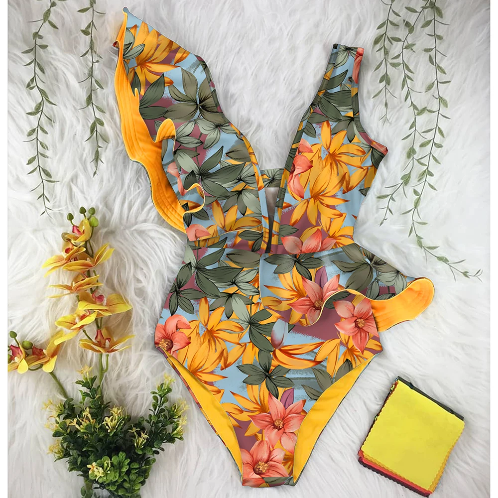 

One Piece Swimsuit 2021 Print Plus Size Swimwear Women V-Neck Belt Monokini Sexy Ruffle Bathing Suits Push Up String Beach Wear