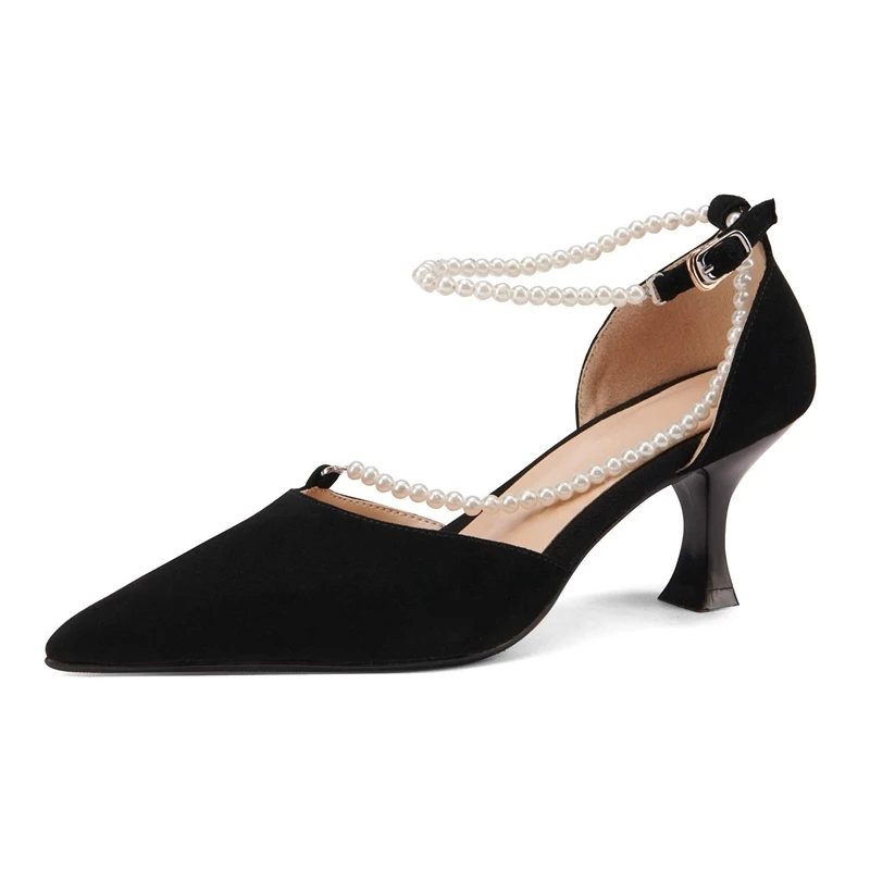 Большие размеры натуральная кожа с острым носком на высоком каблуке жемчугом