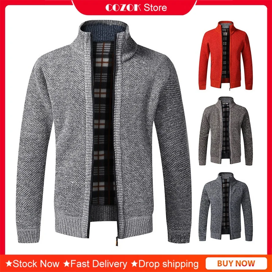 

[Non-iron] Autumn and Winter Sweaters Plus Velvet Thickening Men's Cardigan Warmth Knit Sweater Stand-up Collar Plus Size Coat