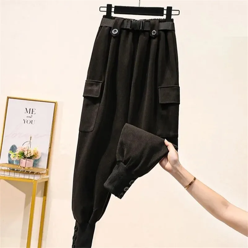

Korean Fashion Casual Trousers Women 2021 Autumn Winter Models New Plus Size Loose Thicken Harem Cargo Pants Female Warm Abdomen