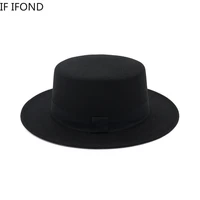 women men flat top hat wide brim felt fedora hat winter autumn imitation woolen round simple church derby jazz hat