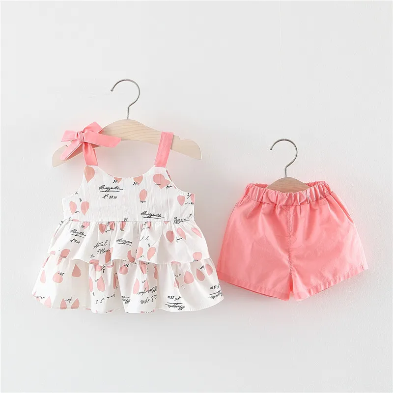 

2021 New Summer Baby Girl Clothes Set Cotton Material Sling Bow Flower Top + Cute Princess Fashion Shorts Girls Suit 1-6Y Suit