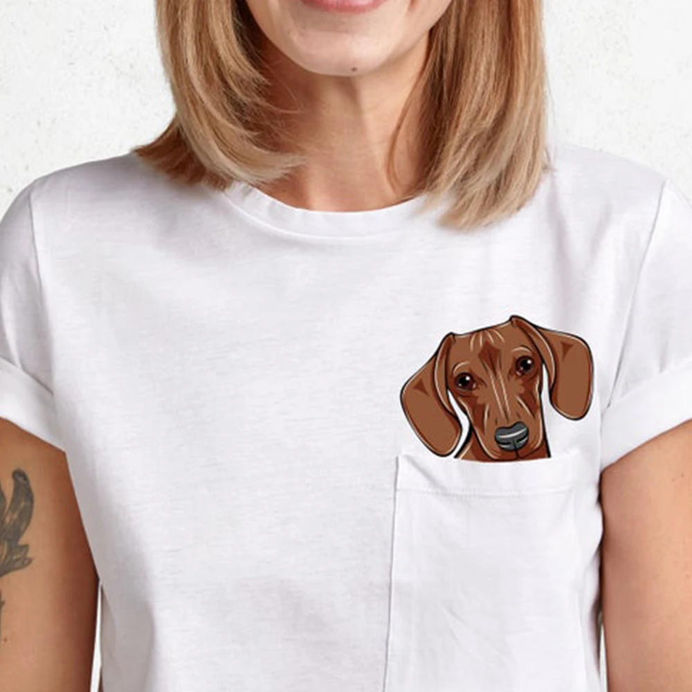 CLOOCL komik pamuk T-Shirt göğüs baskılı cep Dachshund köpek erkekler Tee gömlek hayvan Unisex moda pamuk kısa kollu üstleri