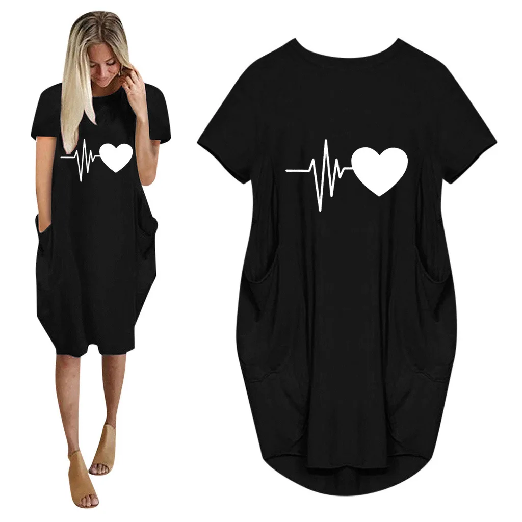 

Plus Size 5XL Casual Loose Summer Dress Women Heart Wave Print Black Short Sleeve Round Neck Knee Length R Shirt Dress Big Size