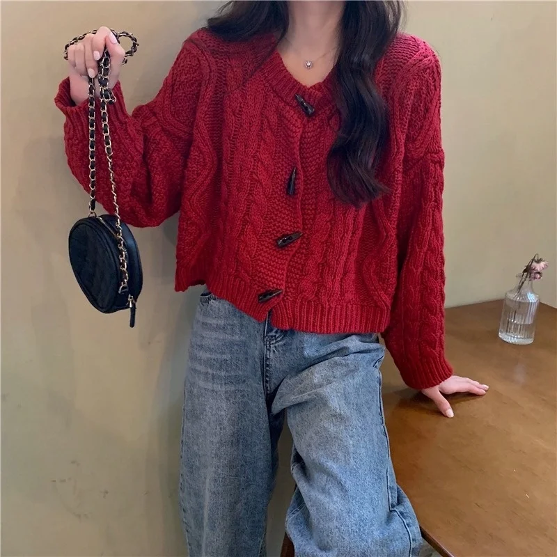 Unif Cardigan Sweater Women's Korean Version Loose Outer Wear Red Chic Long Sleeved Coat Jum |