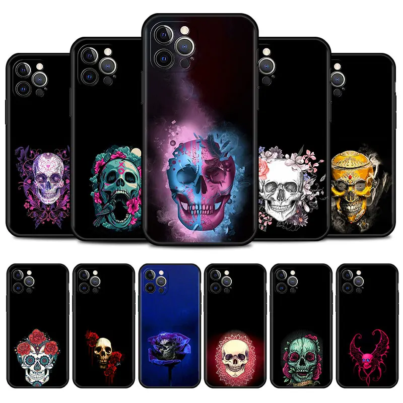 

Glossy Skull Cell Phone Case For IPhone 11 13 7 8 Plus XR 12 Pro Max X 6 XS 12 Mini 5 SE Cover Black Soft Silicone Coque