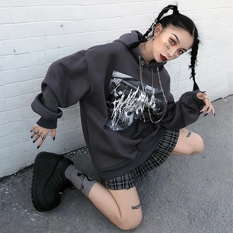 

Streetwear Harajuku Gothic Women's Hoodie Korean Oversize Loose Long Sleeve Hooded Sweatshirt Winter New Hip Hop Women Clothing