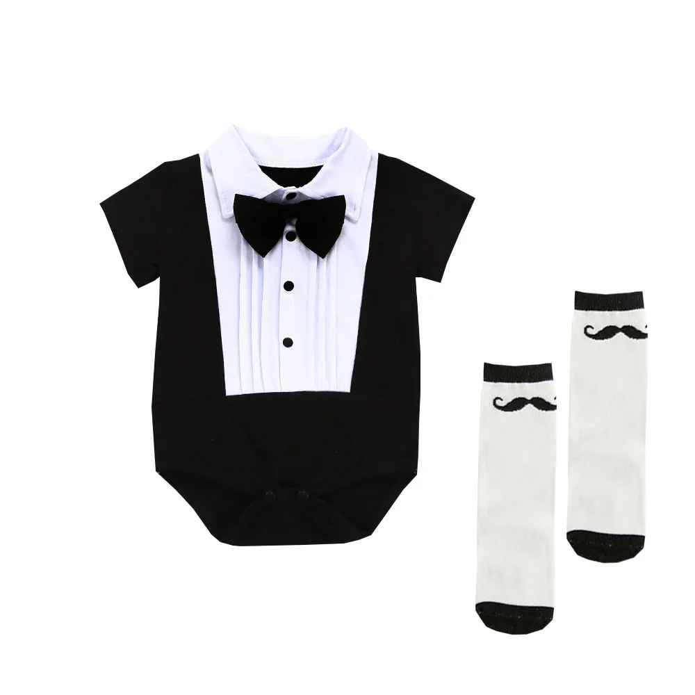 

3-18M Summer Baby Infant Rompers Patchwork Baby Boys Clothes Black Necktie short sleeve jumpsuits Kids Costume
