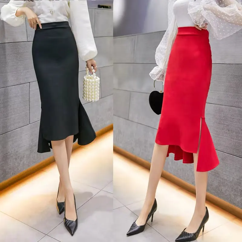 

New Korean Style Skirt Spring 2021 Midi High-Waisted Skirt Temperament Ladies Mermaid Skirts Solid Color Red Black Skirts Women