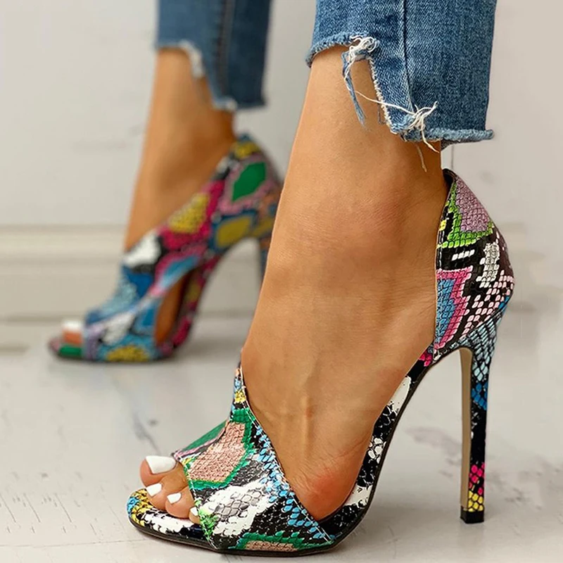 

2020 New Women Sandals Fashion Open-Toe High Heel Sandals Female Roman Snake Pattern Summer Shoes Sexy Thin Heel Sandalias