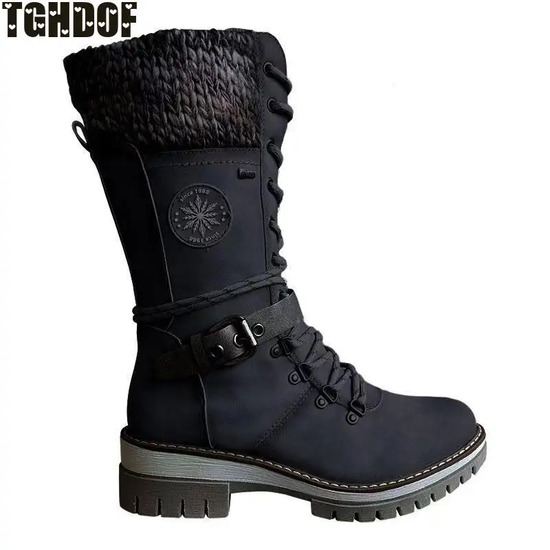 Women's Boots 2021 Winter New Fashion Woven Women's Boots In Tube Belt Buckle Decorative Side Zipper Rubber Sole Women's Shoes