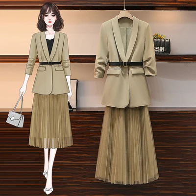 

Design Office Lady 2 Piece Sets Womens Outfits Turn-down Collar Coat Two Piece Set Top And Skirt Women Sweat Suit Mesh Skirts