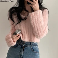 pink sweater lazy style short chic gentle wild mink v neck short coat long sleeved soft warm sweater outer wear
