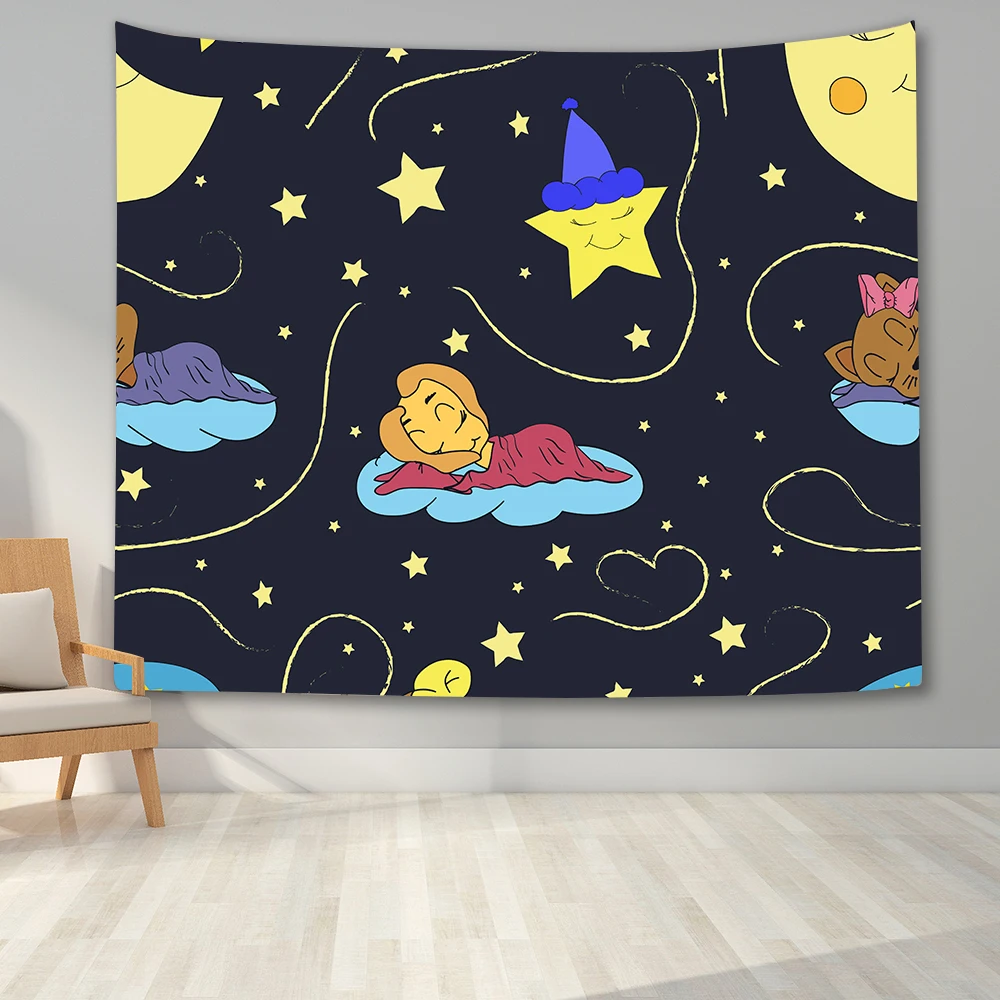 

Sleeping On The Moon Teddy Bear Pattern Tapestry Wall Hanging Art Blanket Bedroom Background Cloth For Home Office Dorm Decor