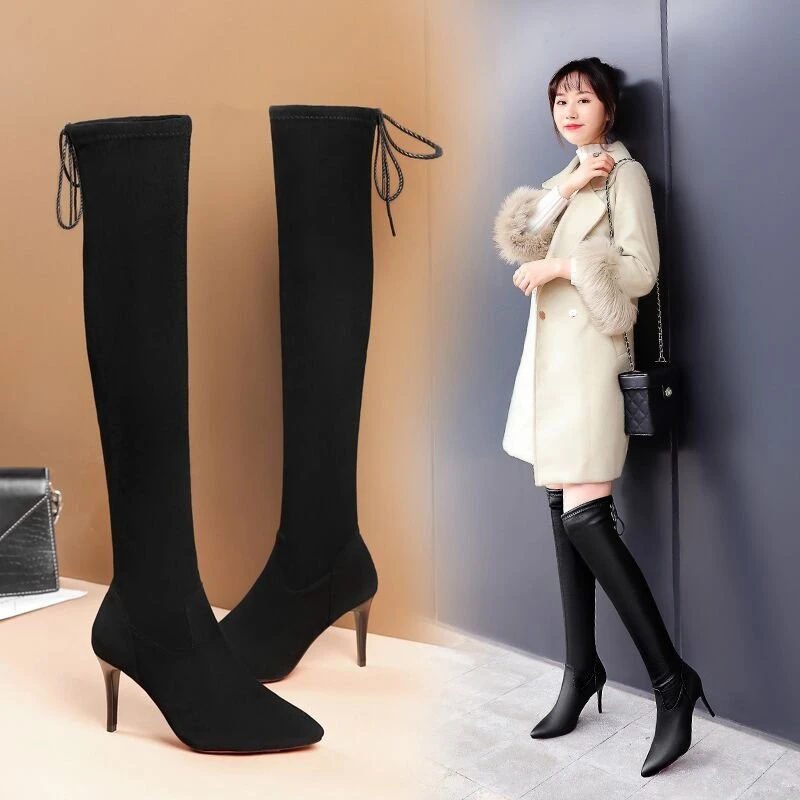 

Nice Thin High Heel Vogue Knee High Boots PU Leather Slip On Women Shoes Pointed Toe Winter Long Boots Martin boots