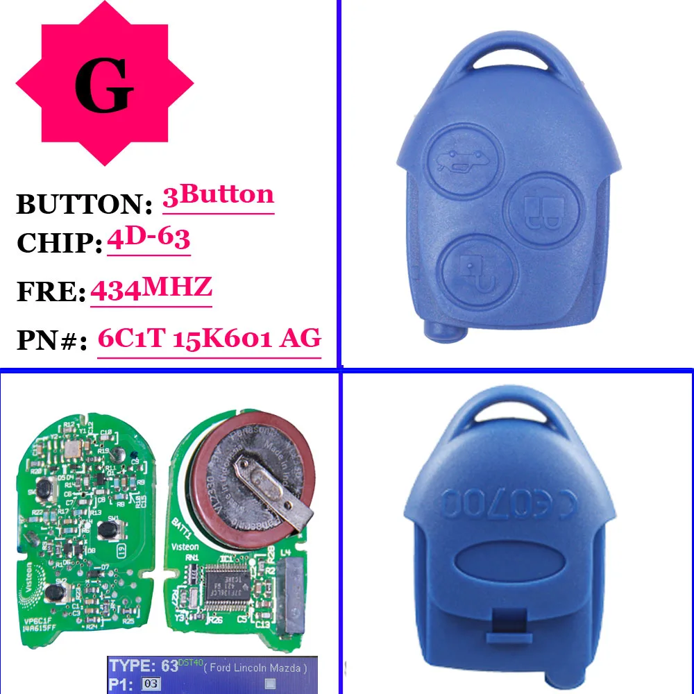 

XNRKEY Genuine 3 Button Blue Remote Key 4D-63 Chip 434Mhz P/N: 6C1T15K601AG for Ford Transit Car Key