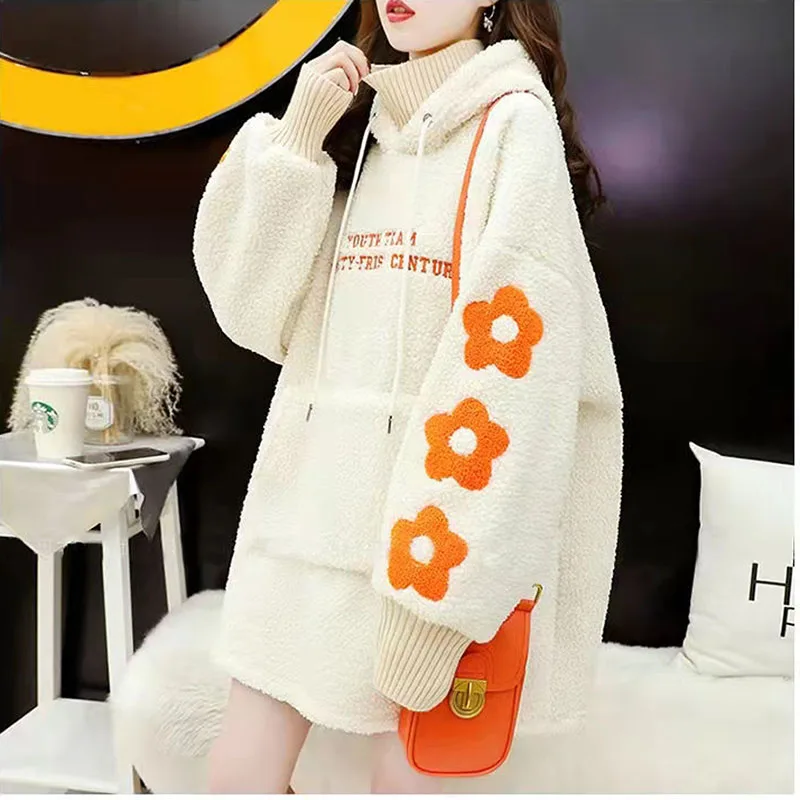 

Winter Thicken Fashion Women Hoody Knitted Collar Long Lady Sweatshirt Letters Embroidered Loose Casual Pullover Female Hoodies