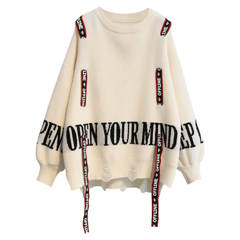 

Alphabet Pullover Sweater for Women 2020 New Autumn / Winter Korean Loose Broken Hole Long Sleeve Student Lace Up Knitting Top