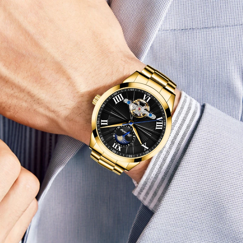 Royal Golden FORAINING Mens Automatic Wrist Watch Skeleton Stainless Steel Band Mechanical Moon Phase Waterproof ClockRelogio | Наручные