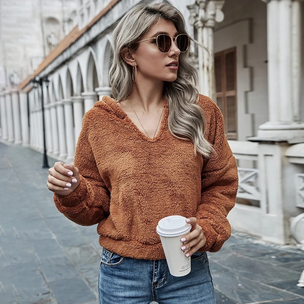 

Женская толстовка с капюшоном и V-образным вырезом, с длинным рукавом