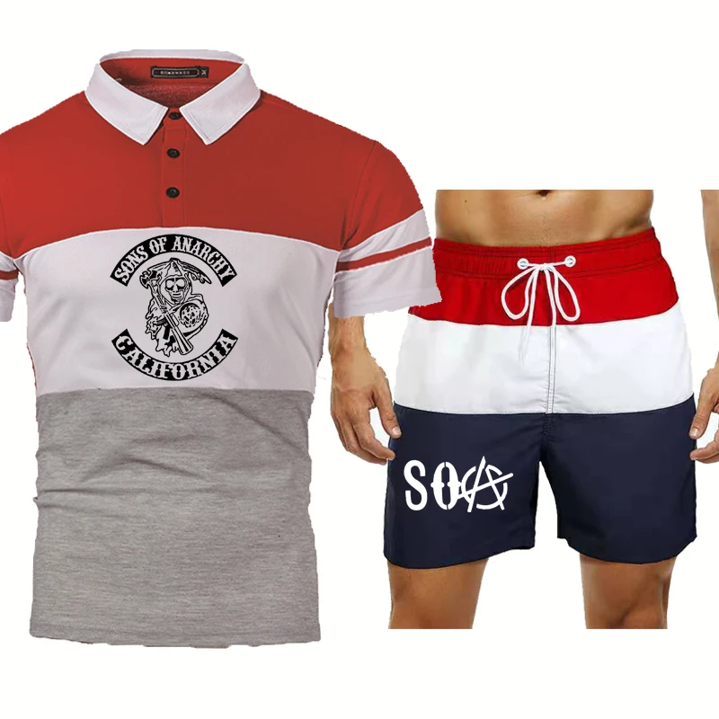 

Summer Men's suits SOA Sons of anarchy the child Skull Printed high quality cotton Splicing Men's short sleeve+shorts 2-piece se