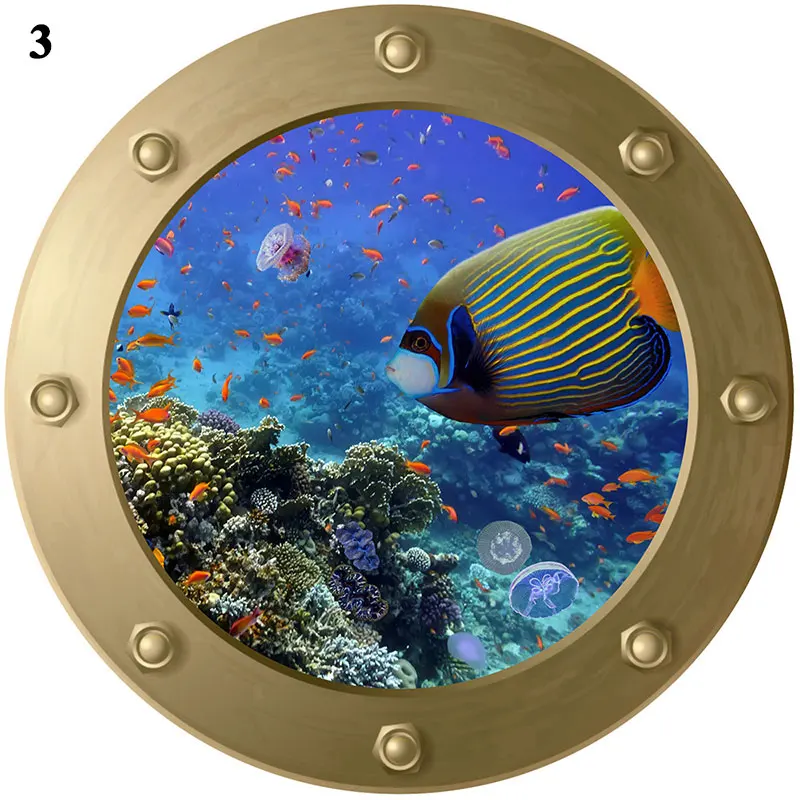 

Cute Shark Coral Fish Turtle Sea World Animals 3D Window Submarine Home Decor Wall Sticker for Washroom Living Room Decal Xmas