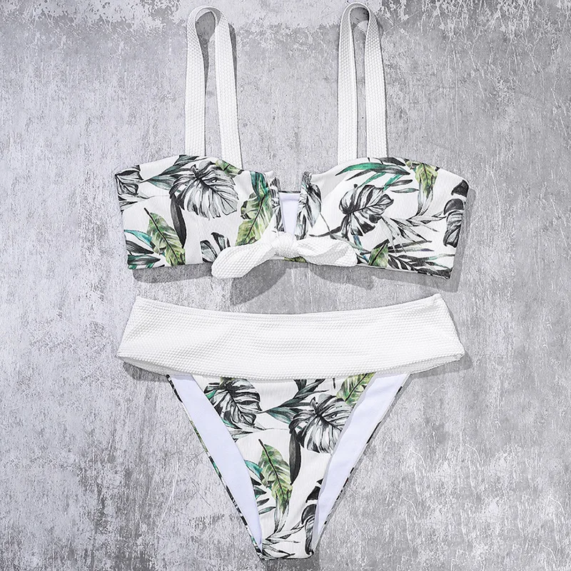 

In-X V-neck bikinis 2021 mujer Ribbed swimwear female Leaf print bikini Knot swimsuit women Sexy bathing suit Patchwork biquini