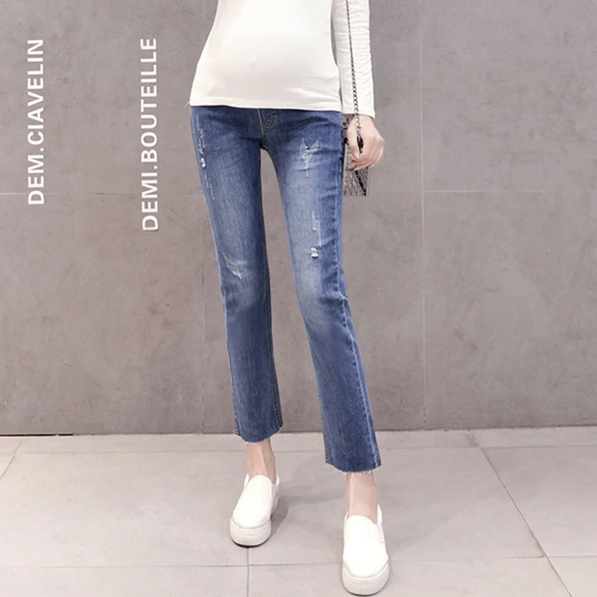 Джинсы для беременных женщин с эффектом потертости узкие прямые брюки дырками