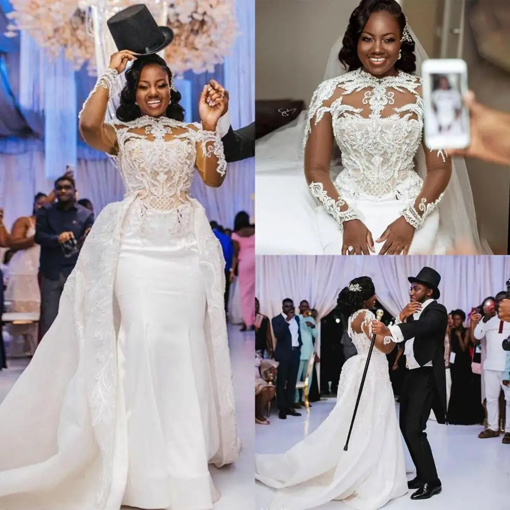 

Mermaid Wedding Dresses With Detachable Train Plus Size 2021 African Lace High Neck Long Sleeve Vestidos De Novia Arabic Bridal