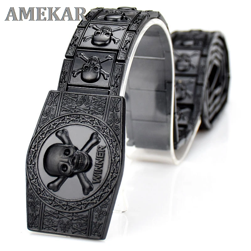 

Golden Skull Skeleton Buckle Metal Belt Men's Punk Rock style Self-defense Stainless steel waistband Personalized Fashion