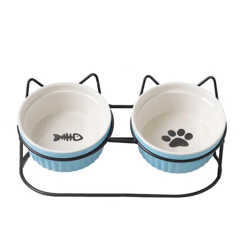 

Двойная миска для кошек, керамическая кухонная кормушка для собак, миска для воды с подставкой для питомцев, аксессуары для мелких и средних...