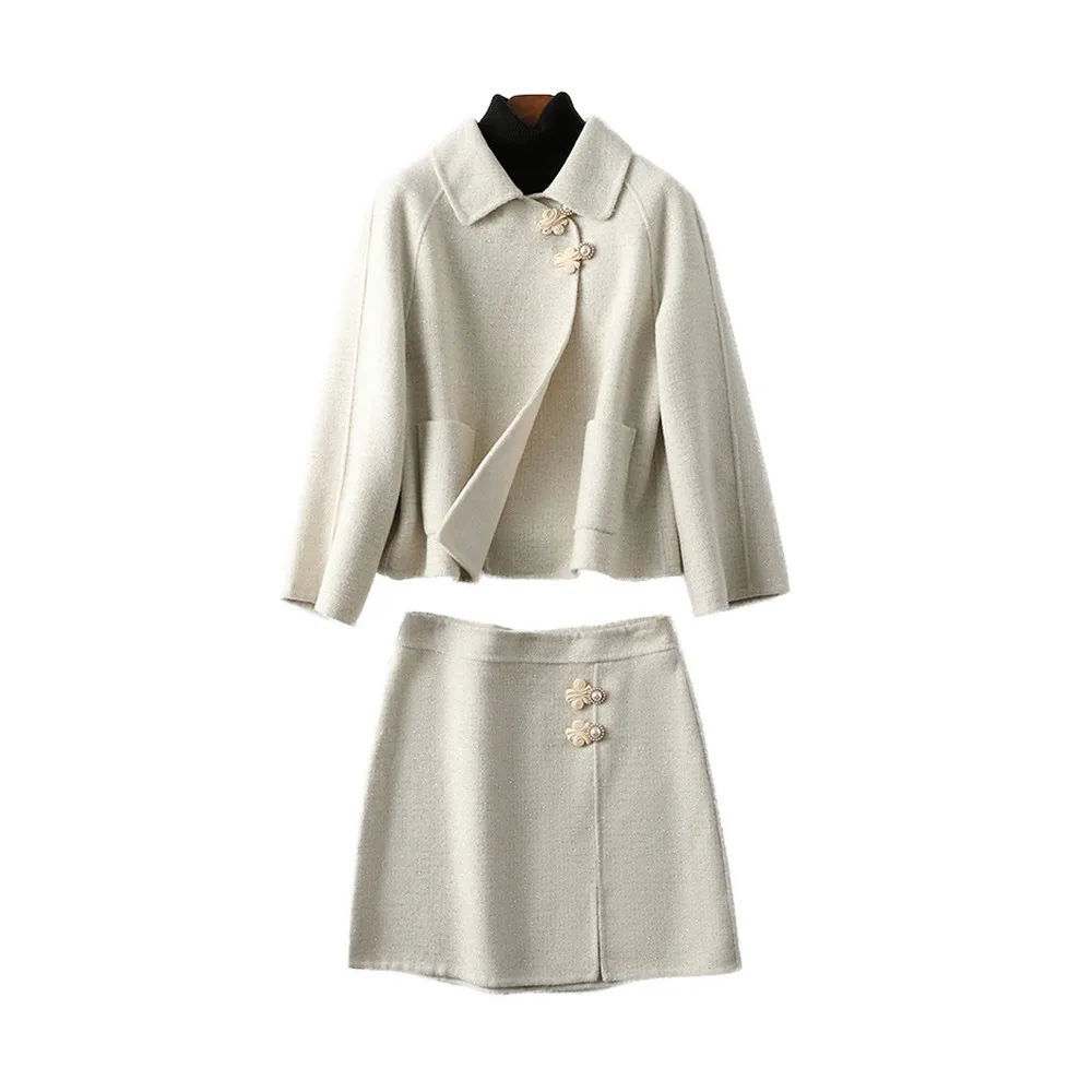 

Hand-stitched Suits Double-Sided Wool Coat Jacket Fashion Two-Piece Sets 100% Woolen A-Line Skirt For Women Female