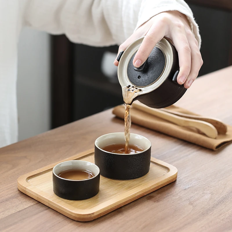 

Japanese Style Tea Pot Set Travel Office Portable Teaware Sets Small Black Pottery Tabak Takimlari Kitchen Dining Bar DJ60TS