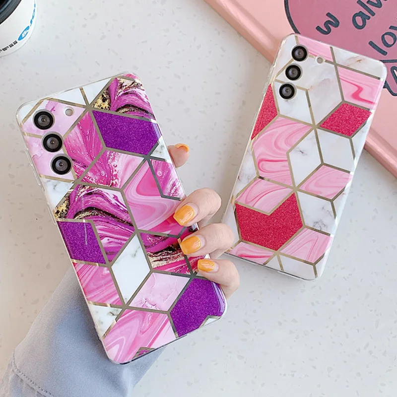 

Electroplated Splice Marble Phone Case For Samsung Galaxy S21 Ultra Plus A52 A72 A12 A42 Luxury Glitter Silicone Back Cover