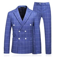 2020 spring new british style formal business mens three pieces suit fashion boutique double breasted plaid casual