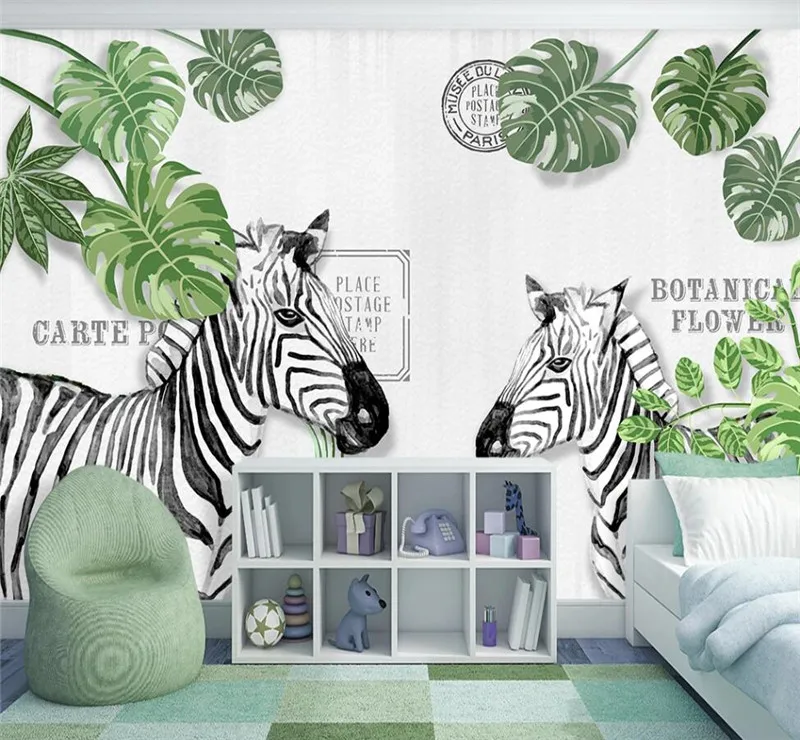 Настенные обои на заказ в скандинавском стиле ручная роспись Зебра Дерево