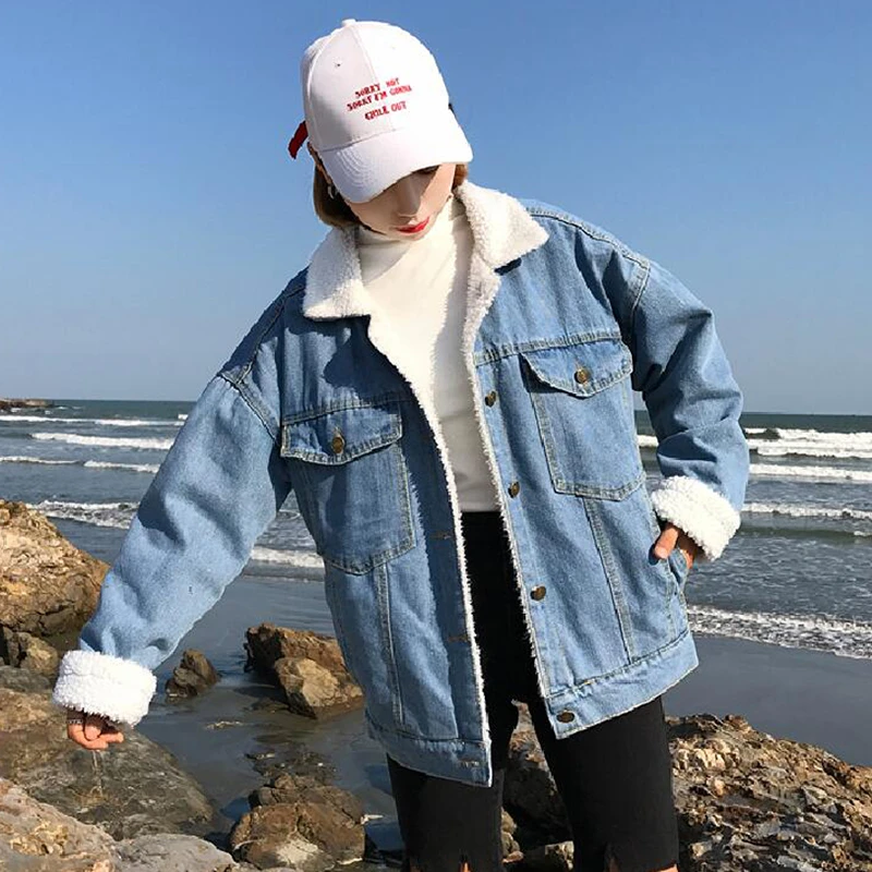 Новая женская джинсовая куртка джинсовое флисовое Женское пальто осень и